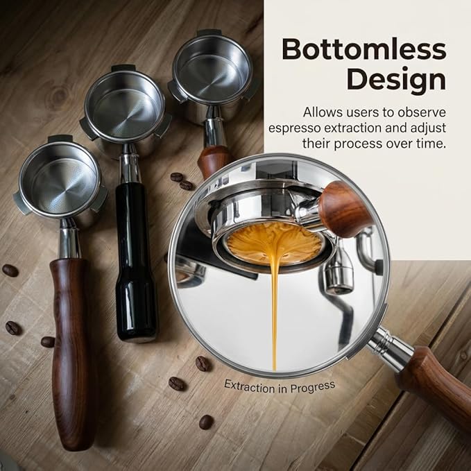 54mm Bottomless Portafilter for Breville Barista Express/Pro/Touch/Bambino18-21g Precision Basket, Stainless Steel 304 Filter Basket, Naked Portafilter for Espresso Extraction(Rosewood)