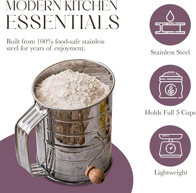 Bellemain 5 Cup Flour Sifter for Baking Fine Mesh Rotary Hand Crank with Loop Agitator for Quick Sifting, Flour Sifter Stainlees Steel