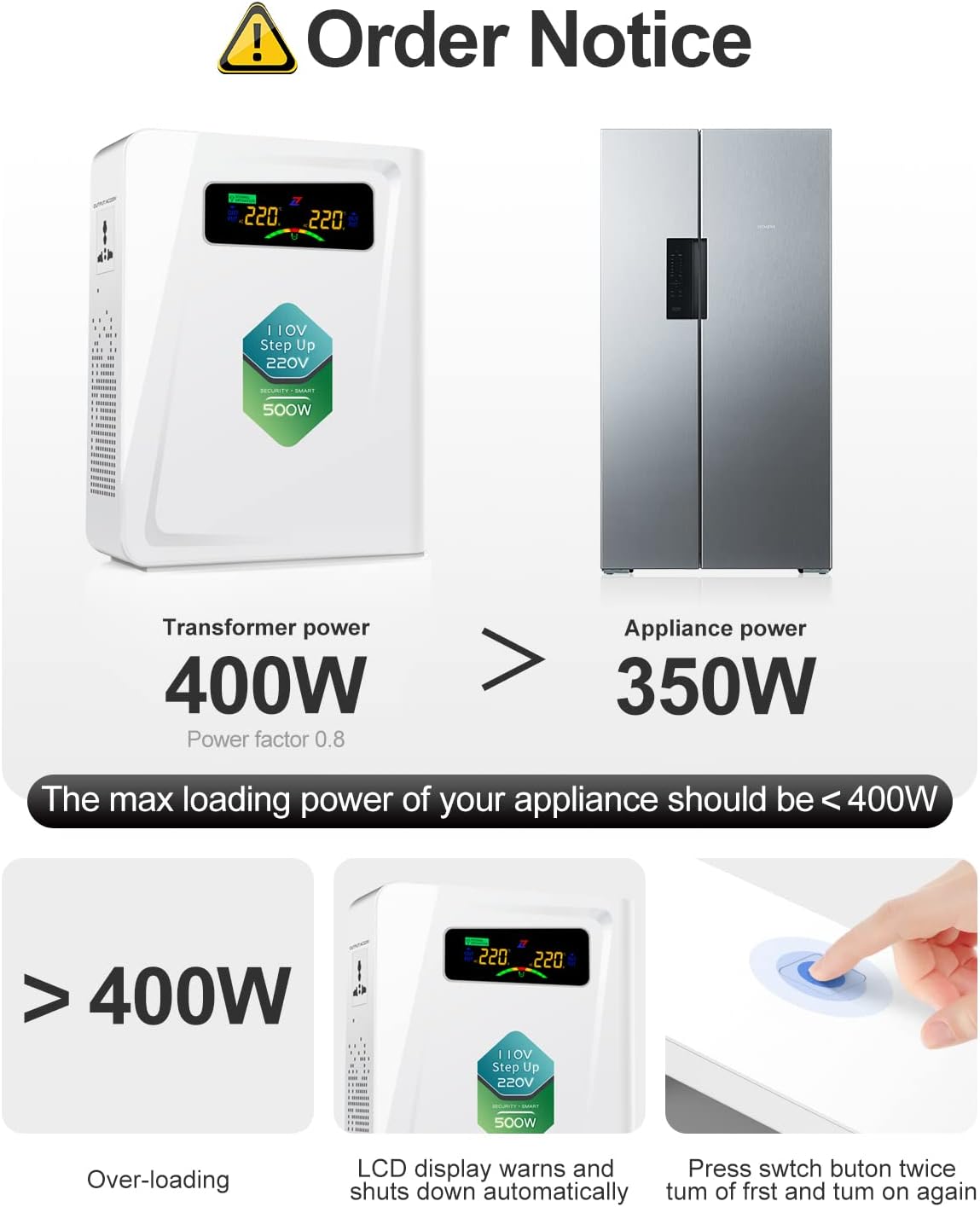 Voltage Converter 110 to 220 Step Up Transformer 500W, No Noise, Ten Protection Functions, CE & CQC Certified ,Using 220V Asia Euro Appliance in US