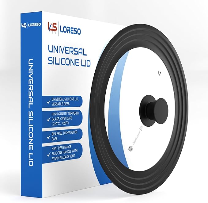 LSR Loreso Universal Pan Lid for Pots Pans and Skillets 12-15 Inch - Tempered Glass Pot Lid with Auto-Sizing Silicone Rim - Black