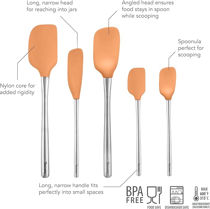 Tovolo Stainless Steel Handled Silicone Spatula Set of 5, Dishwasher Safe Kitchen Spatula Set for Cooking Baking, BPA Free Silicone Spatula set with Metal Steel Handle, Apricot Orange