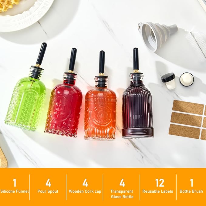 4pcs Glass Coffee Syrup Dispenser Bottles 7 OZ, Simple Syrup Bottles with Metal Pour Spout, Syrup Dispenser for Coffee Bar Accessories for Maple Honey Syrup Oil and Sauces