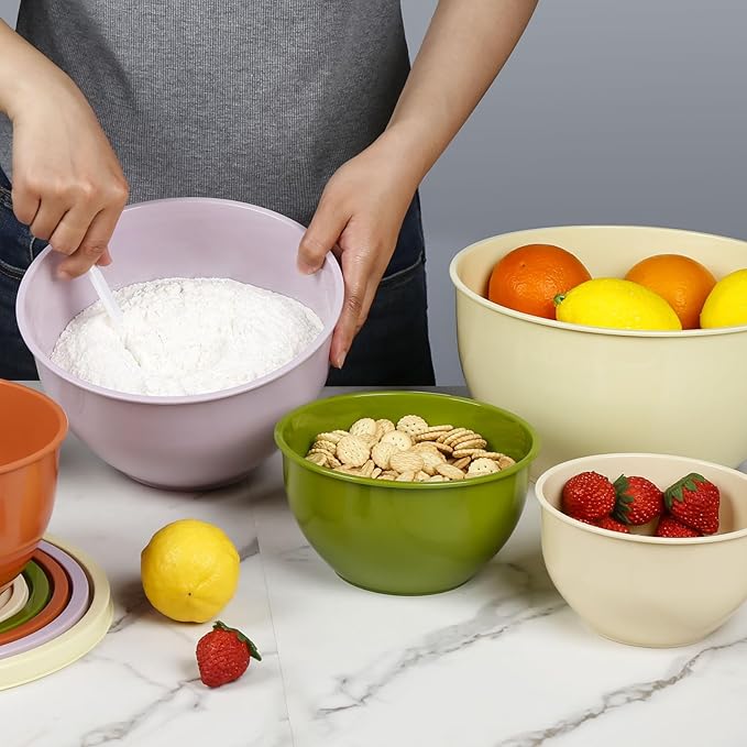 Greentainer Plastic Mixing Bowls with Lids Set for Kitchen, 5 Set Nesting Bowls for Mixing, Baking, Prepping, Cooking and Serving Food, Mixing Bowls Dishwasher, Microwave Safe