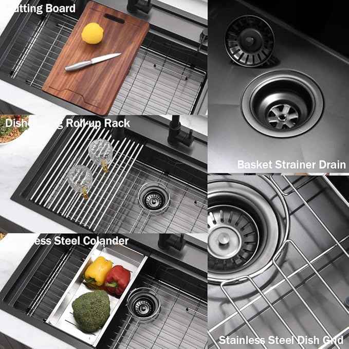 30 inch Black Drop in Kitchen Sink Workstation with Waterfall Faucet Combo -VOKIM 30x22 Drop in sink Workstation 16 Gauge Stainless Steel Single Bowl topmount Kitchen Sink with Waterfall Faucet
