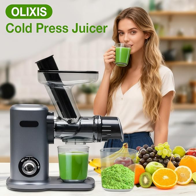 OLIXIS Cold Press Juicer, Slow Masticating Juicer Machines with Extra Wide Feed Chute, High Juice Yield and Easy to Clean for Whole Vegetables & Fruits, Silver