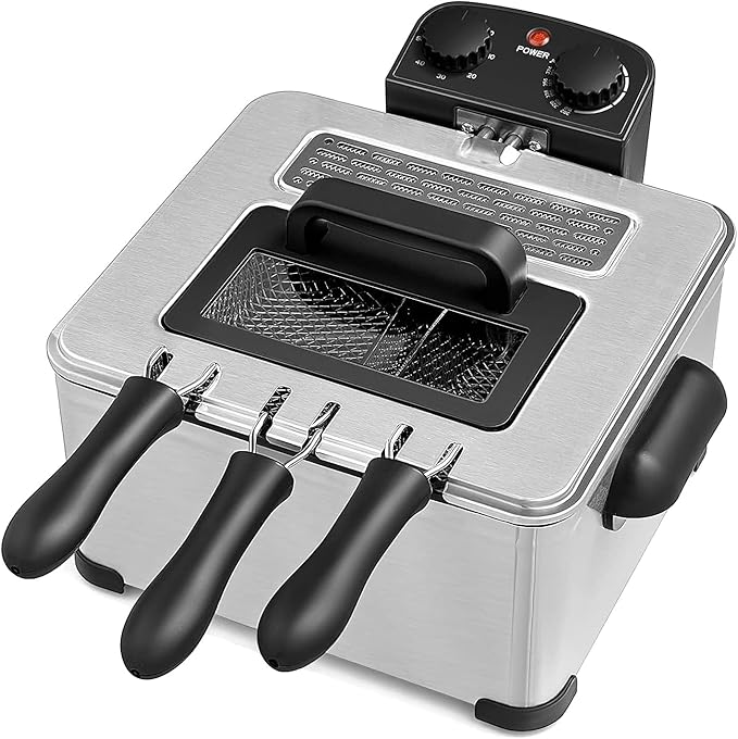Deep Fryers with Triple Baskets - Simoe 5.3QT/21 Cup Electric Large Fryer, Friteuse 1700W Stainless Steel Deep Fryer with Lid, Adjustable Temperature & Timer & View Window, Professional Grade