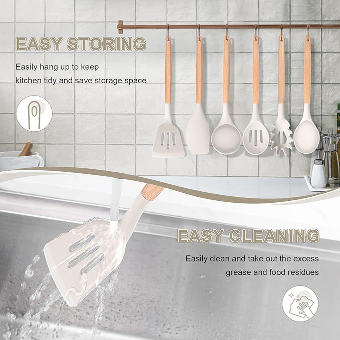 P&P CHEF Cooking Utensils Set, 6 PCS Kitchen Utensils with Wooden Handle, Silicone Spatula for Nonstick Cookware, Easy Clean & Non-toxic, Khaki