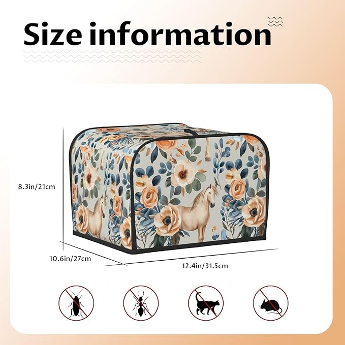 Beige Flower Horses Covers for 4 Slice Toasters,Cute Country Bread Machine Cover with Handle,Washable Stain Resistant Kitchen Small Appliance Cover Dining Decor