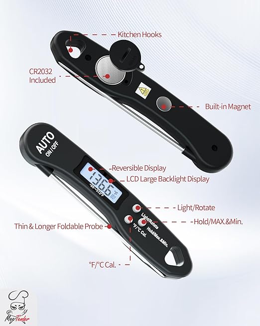 5 PCs Digital Food Thermometer with Fast 1-Second Reading, ±1°F Accuracy, -58°F to 572°F Range | Foldable Probe, Magnetic Back, Backlit LCD, Auto-Off for Grilling, Baking, Smoking