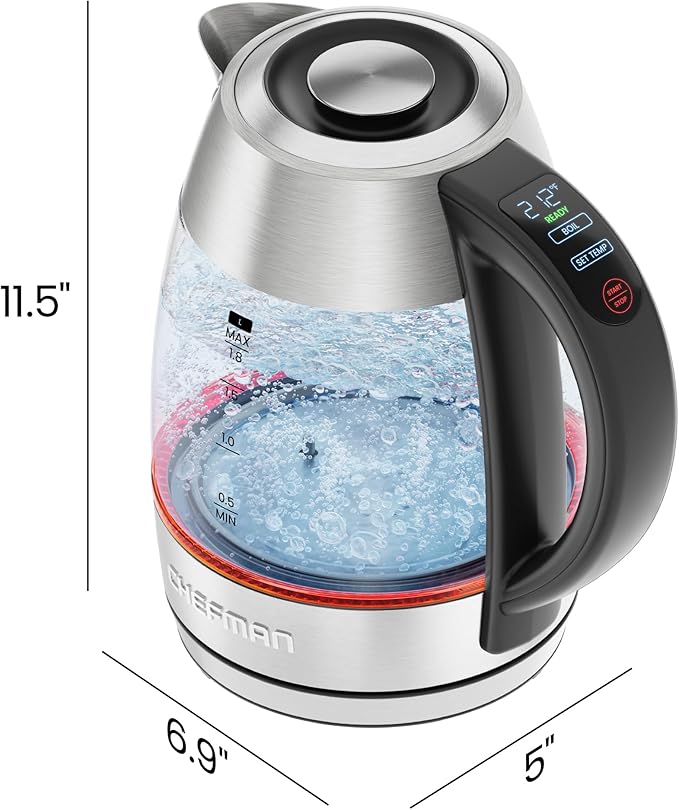 CHEFMAN Lightning High-Powered Electric Kettle, 1.8L 1750W, Rapid Boil 2 Cups in 2 Minutes, BPA Free Cordless Tea Kettle with Digital Temperature Control and 1-Hour Keep Hot – Stainless Steel