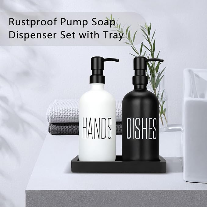 Kitchen Soap Dispenser Set with Silicone Tray, Premium Glass Hand and Dish Soap Dispenser Set for Kitchen Sink, Rustproof Stainless Steel Pump, Modern Kitchen Décor & Versatile Gift for Any Occasion