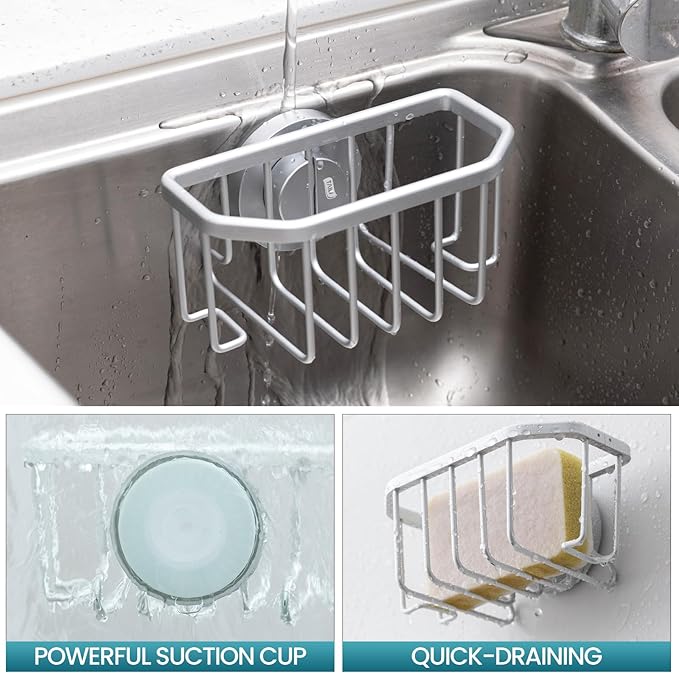 TAILI Sponge Holder for Kitchen Sink with Strong Suction Cup, Rustproof Aluminum Sink Caddy for Sponges, Brushes, Stoppers & Scrapers, Silver