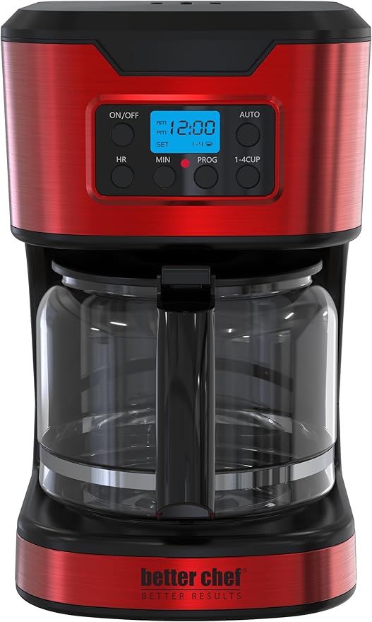 Better Chef Programmable 12-Cup Coffee Maker | 1-4 Cup Setting | Auto-Pause to Serve | 2hr Keep Warm | Perma-Filter | Stainless (Red)