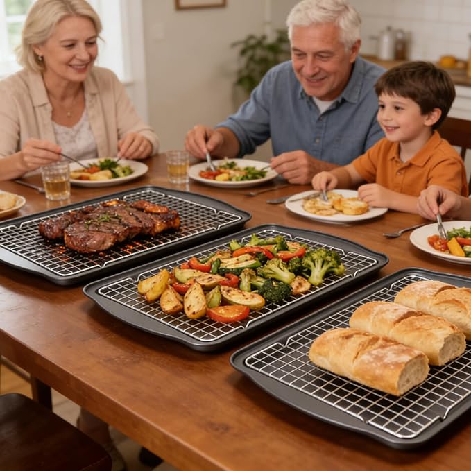 ShineMe Baking Sheet Pan with Cooling Rack 3 Pack, Nonstick Sheet Pan with Wire Rack and Silicone Pastry Brush, Carbon Steel Baking Pans for Cookie, Bacon and Vegetables 17x12x0.5in