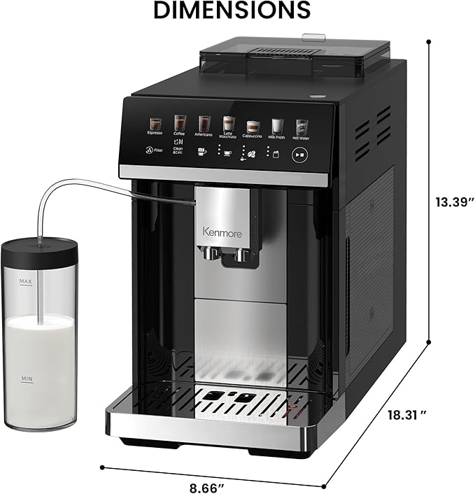 Kenmore Fully Automatic Coffee Maker - With Grinder, Milk Frother & Steamer, Auto Tamper, Descaler Expresso Machine, cafeteras electricas modernas machines For Home/Office Black