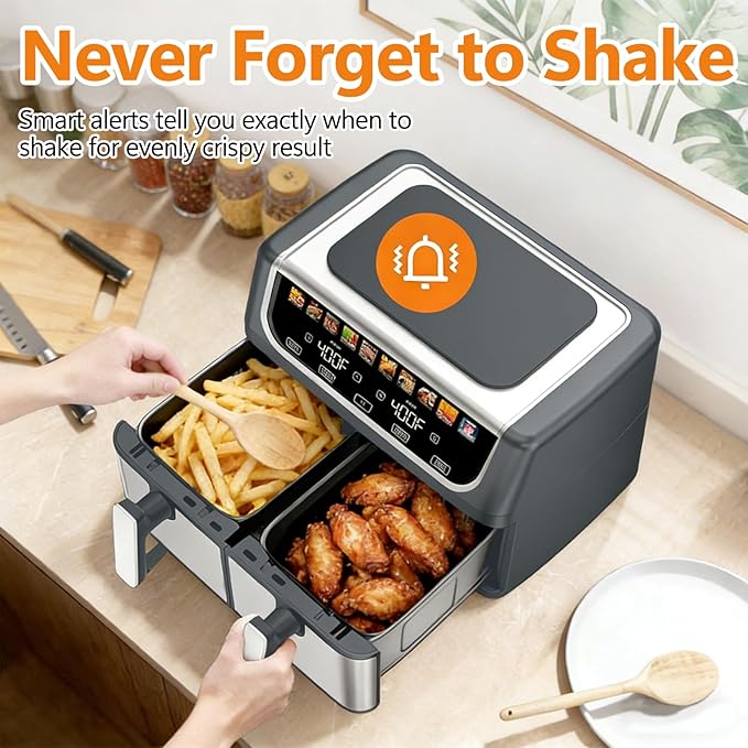 Simple Deluxe 9.5-Qt Dual Basket Air Fryer, 10-in-1 Digital Preset 1700W Airfryer, Sync Cook, Independent Temp Control, Shake Reminder, Nonstick Basket, Grey