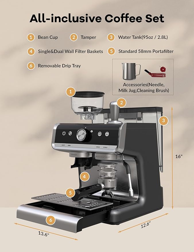 GarveeHome Espresso Machine With Grinder, 20 Bar Semi-Automatic Espresso Coffee Maker With Milk Frother Steamer Wand Cappuccino Latte Macchiato, 95 oz Water Tank, PID Temperature Control, Dark Gray