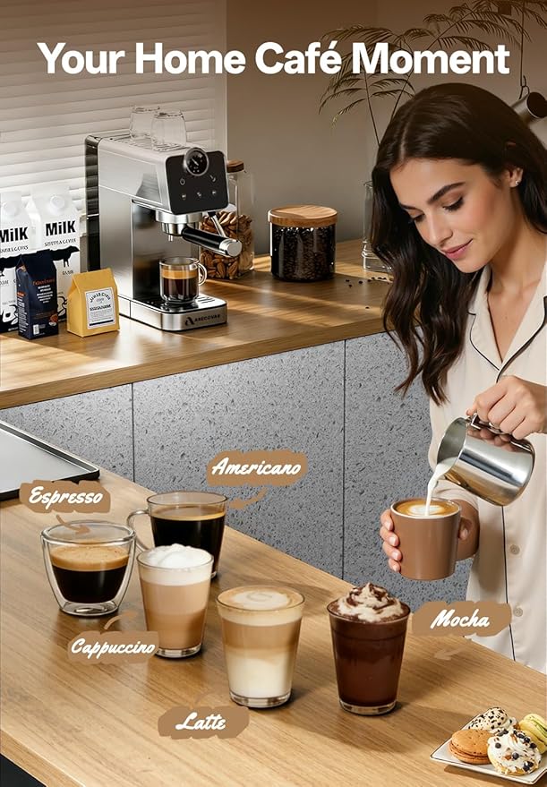 Arecovas Espresso Machine with Milk Frother, 20 Bar Compact Coffee Machine with Touch Screen & 41oz Water Tank for Home Use, Stainless Steel Espresso Coffee Maker for Americano, Cappuccino, Latte
