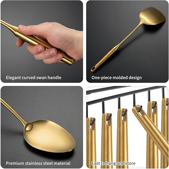 304 Stainless Steel Cooking Utensil,Kitchen Utensil with Spatula, Solid Spoon, Ladle, Skimmer, Spaghetti Spoon, 6 Piece Set, Dishwasher Safe(Gold)