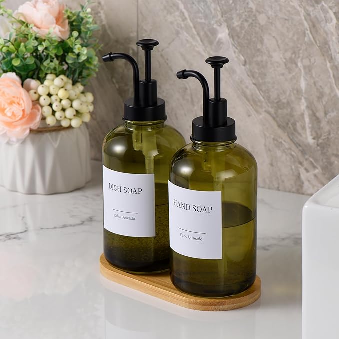 Glass Soap Dispenser with Pump, Dish and Hand Soap Dispenser for Kitchen Bathroom Set, Clear Glass Dispenser Set of 2 Pack with 18 Stickers Funnel Bamboo Tray 500ml 18oz Green