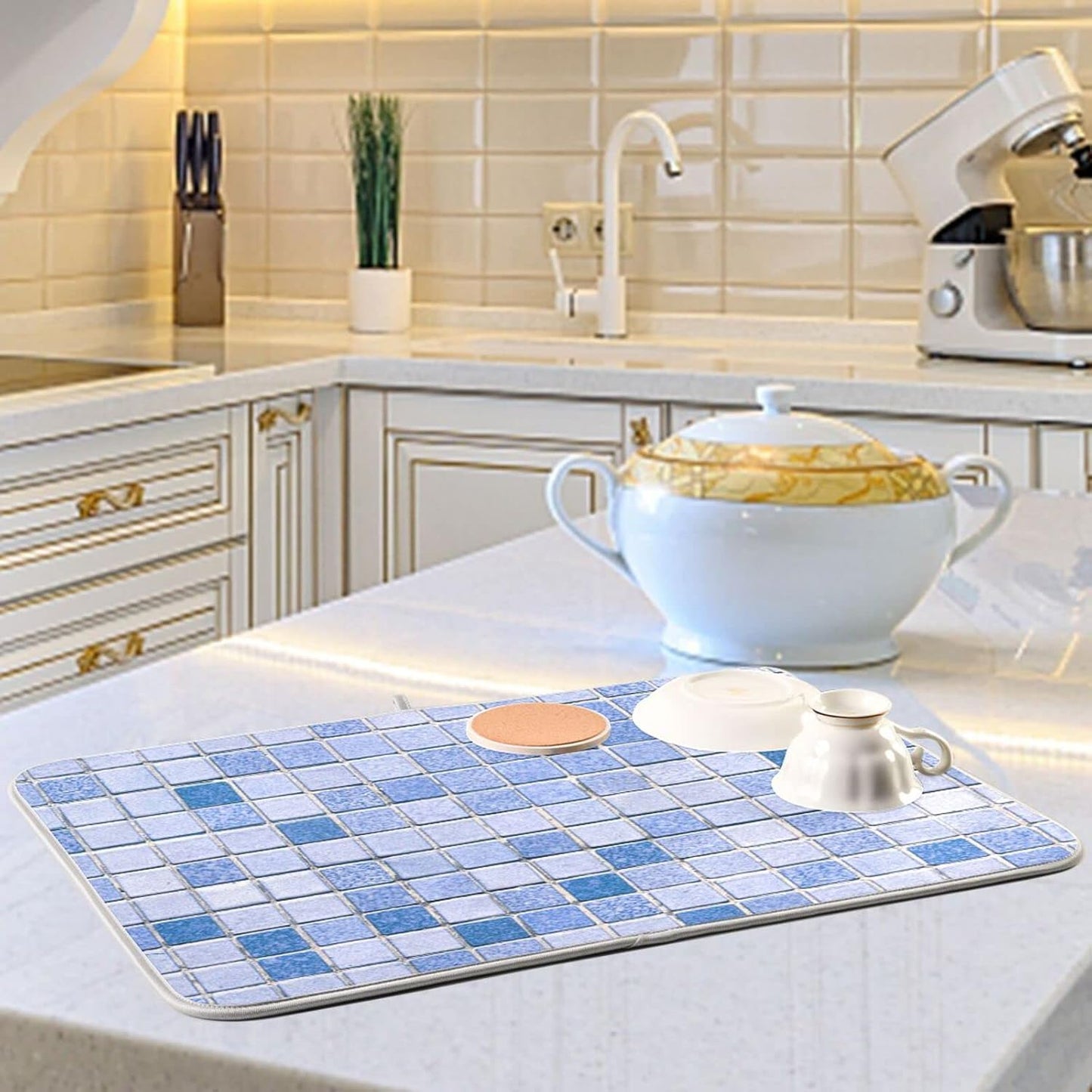 Super Absorbent Dish Drying Mat, Microfiber Fast-Drying Dish Mat, 16" x 18", Kitchen Dish Drying Pad, Mosaic Pattern