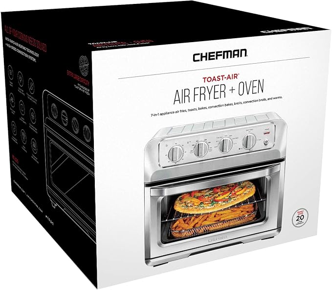 Chefman Air Fryer Toaster Oven XL 20L, Healthy Cooking & User Friendly, Countertop Convection Bake & Broil, 7 Cooking Functions, Auto Shut-Off 60 Min Timer, Nonstick Stainless Steel, Cookbook Included