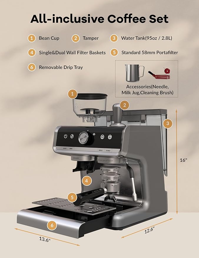 GarveeHome Espresso Machine With Grinder, 20 Bar Semi-Automatic Espresso Coffee Maker With Milk Frother Steamer Wand Cappuccino Latte Macchiato, 95 oz Water Tank, Pid Temperature Control-Light Gray