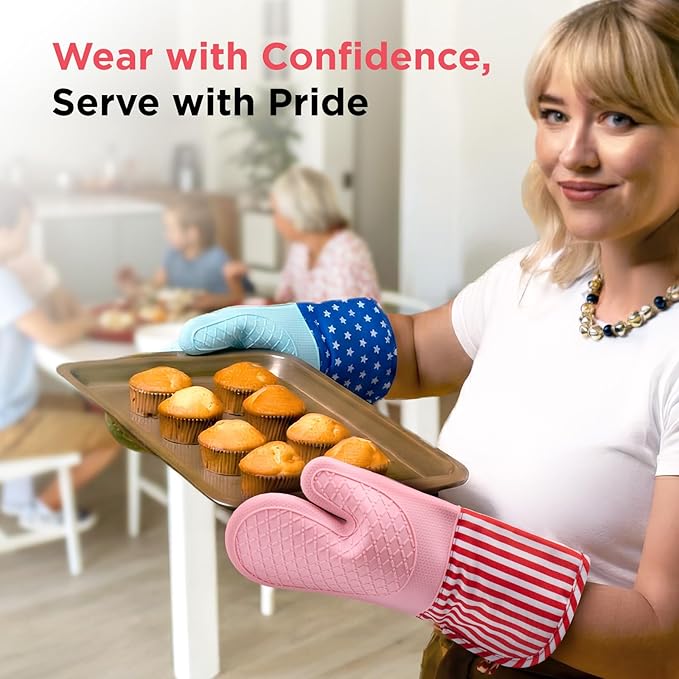 Kitchen Mama UltraShield Silicone Oven Mitts – Heat Resistant, Non-Slip Surface, Durable, Safe, Pot Holders, Flexible Waterproof Glove Set, Perfect for Cooking, Baking, Grilling, BBQ (USA Flag)