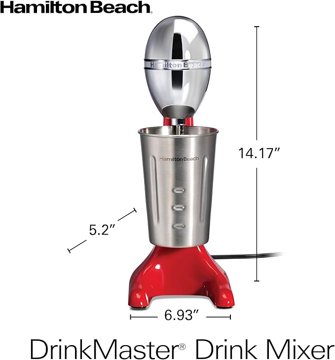 Hamilton Beach DrinkMaster Electric Drink Mixer, Retro Milkshake Maker & Milk Frother, 2 Speeds, Extra-Large 28 oz. Stainless Steel Cup, Red