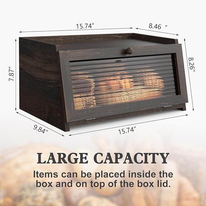 LOHASOK Bread Box for Kitchen Countertop Large Farmhouse Bread Container Bread Storage with Window Wooden Bread Holder
