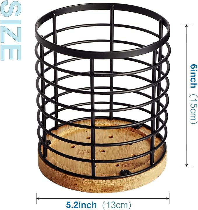 Utensil holder for Kitchen Counter - 5.2" x 5.2" x 6" Large Round with Wooden Base Matte Black Cooking Utensil Holder Utensil Organizer (Metal+Bamboo)