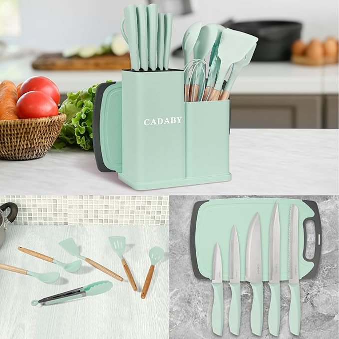 19 PCS Kitchen Cooking Utensils Set, 11 Pieces Silicone Cooking Utensils Set 6 Pieces Sharp Stainless Steel Green Knife Set with 1 Piece Cutting Board, Ideal for Apartment