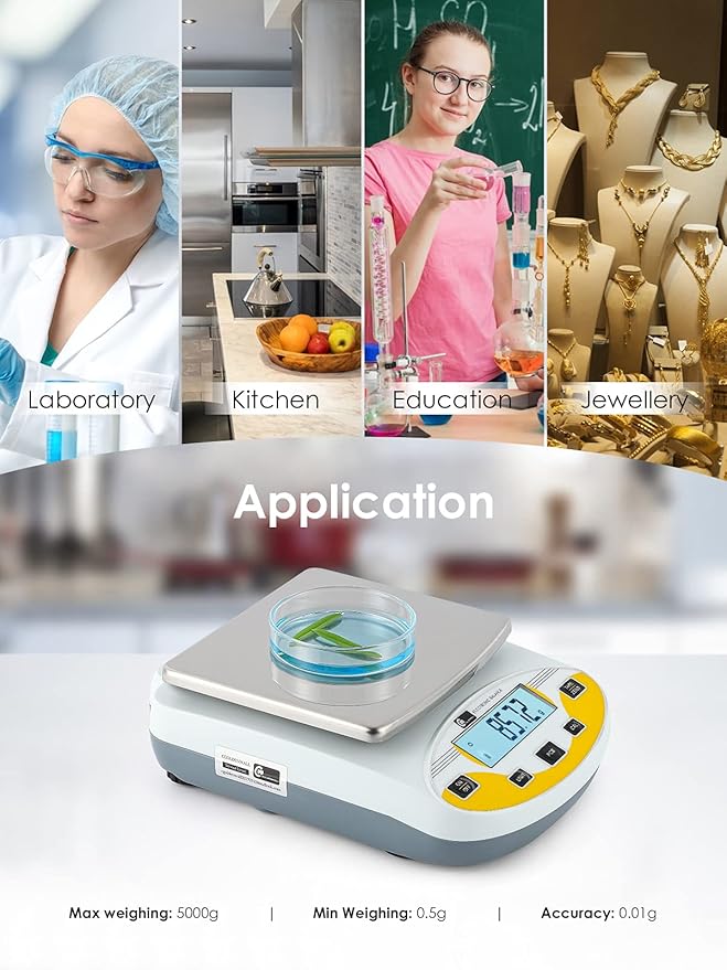 CGOLDENWALL Precision Lab Scale 5000gX0.01g Analytical Electronic Balance Digital Laboratory Scale Precision Jewelry Scales Kitchen Weighing Electronic Scales 0.01g Calibrated 110V (5000g, 0.01g)