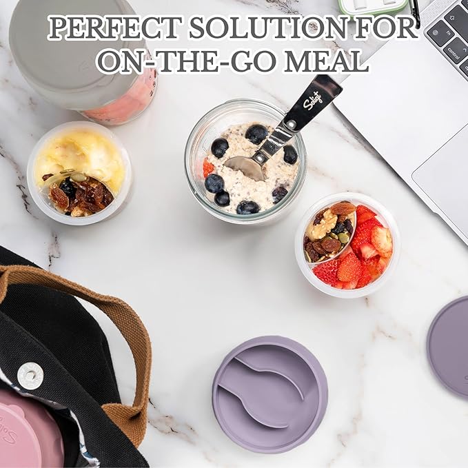 SOLIGT 2 Pack Overnight Oats Containers with Lids, Folding Spoons and Divided Compartments for Fruit & Nuts, Small Glass 16oz Mason Jars for Oatmeal Yogurt Parfait