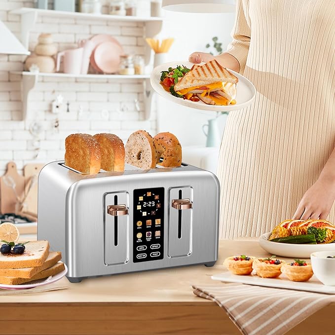 SEEDEEM Toaster 4 Slice, Full Touch control Toaster, LCD Display, 6 Bread Type, 7 Shade Settings, 1.4''Wide Slots,More Time Function, Removable Crumb Tray, 1800W, Silver Metallic