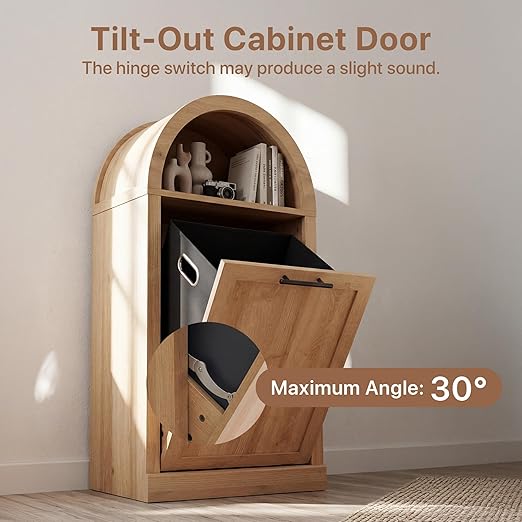Arched Tilt-Out Trash Can Cabinet Set of 2,Laundry Hamper Cabinet with Foldable Laundry Basket,Wooden Hidden Garbage Can Cabinets with Metal Handle & Hooks,Natural