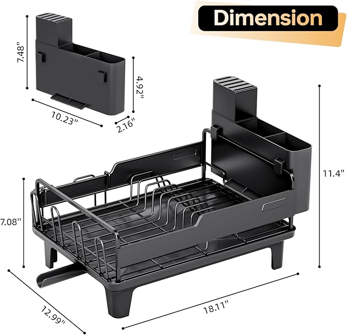 Urackify Dish Drying Rack for Kitchen Counter, Countertop Dish Rack with Drainboard, Multifunctional Dish Drainer with Cups Holder & Cutting Board, Home Plate Storage Rack with Cutlery Holder, Black