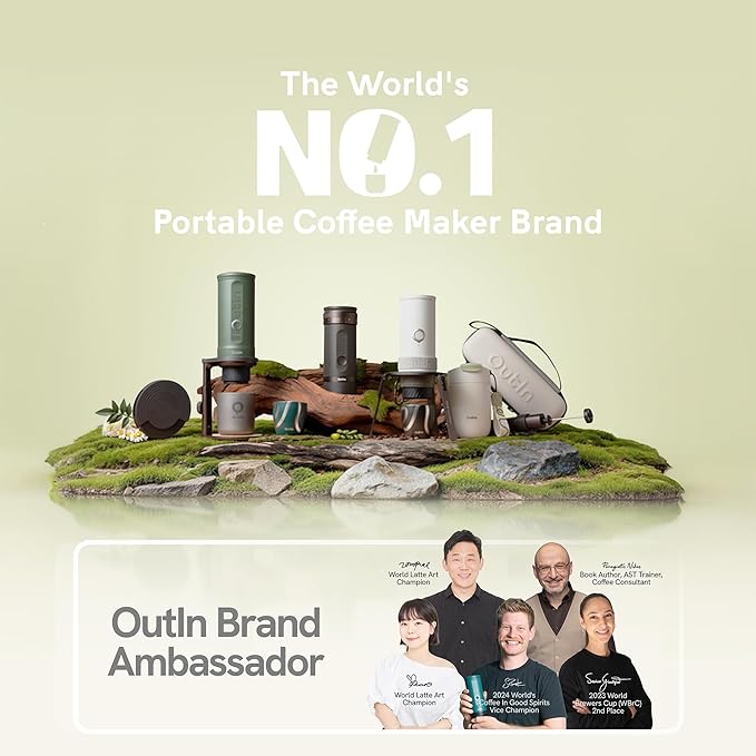 OutIn Mino Portable Electric Espresso Machine, Mini Camping Coffee Maker for Travel, Pocket Sized Coffee Machine Self-Heating, Ground Coffee & NS Capsule Adapter For Adventure