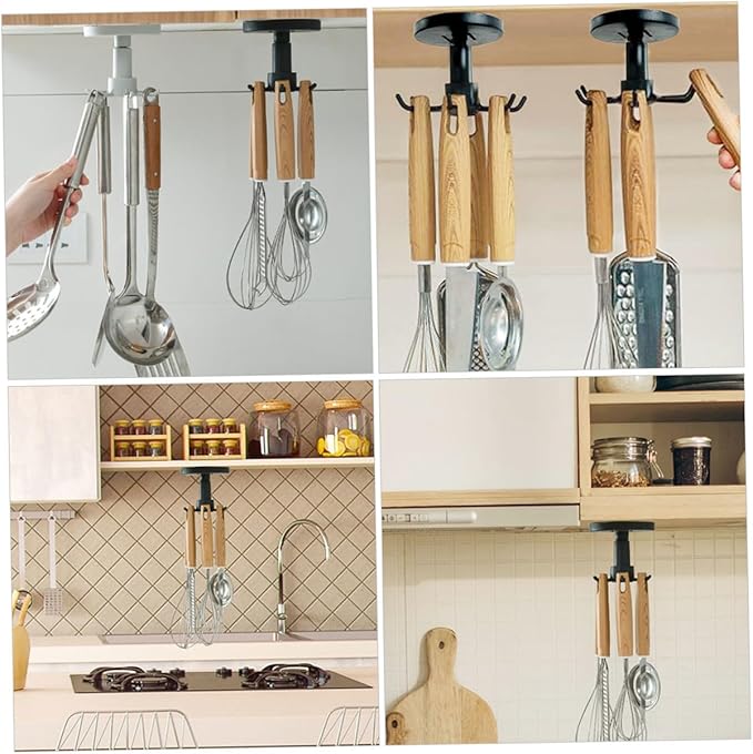SUPVOX 3pcs Rotating Hanging Utensil Hooks Kitchen Utensil Holder Nail-Free Under Cabinet Storage Rack Black for Kitchen Organization