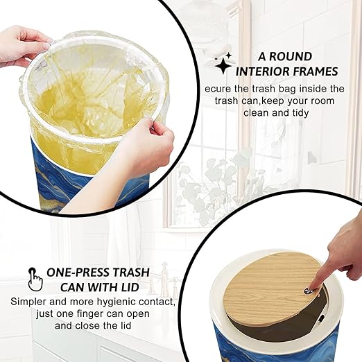 Trash Can with Lid abstract blue marble golden veins painted artificial marbled surface Press Top Round Small Garbage Bin with Wooden Legs Waste Basket for Kitchen Bedroom Nursery 7L/1.8 Gallon