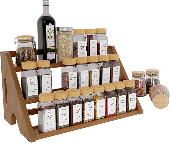 Bamboo Spice Rack Organizer -3-Tier Spice Rack for Countertop,Cabinet Spice Rack Organizer for 24 Spice Jars(4oz),Step Shelf (Walnut)