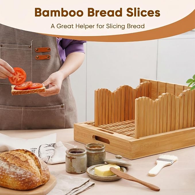 Bread Slicer for Homemade Bread, Adjustable Large Bamboo Sourdough Bread Slicer with Slicing Guide & Crumb Tray, Bread Loaf Cutter for Sourdough, Cakes & Bagels – Baking Gift