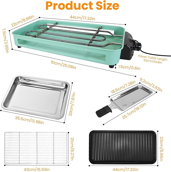 1500W Electric Indoor Grill,2 in 1 Portable Smokeless Indoor Raclette Table Grill,Korean BBQ Grill for Kitchen with Grill Net & Non-Stick Cooking Removable Plate 5 Temperature Control,Dishwasher Safe