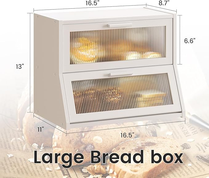 GHWIE Double Layer Bamboo Bread Box for Kitchen Counter,Large Capacity Bread Storage Bin,Bread Container with Acrylic Wavy Door Panel (White, Medium)