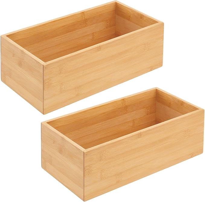 mDesign Bamboo Wood Organizer Storage Bin Box for Kitchen, Pantry, and Drawer Organization; Holder for Snacks, Juice Boxes, Utensils, Tea, Coffee - Echo Collection - 2 Pack - Natural