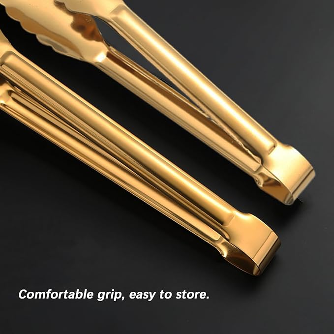 Gold Serving Tongs & Utensils, 4 Pack 9 Inch Non-slip Grip Stainless Steel Gold Tongs for Serving Food, Buffet, Party, Salad & Ice