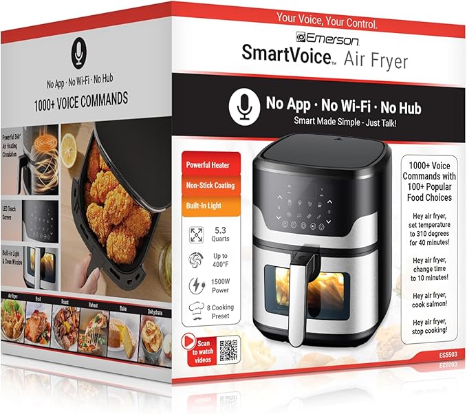 Emerson SmartVoice 5.3QT Air Fryer, 1000+ Voice Commands, 6-in-1 Digital Cooker, Compact Countertop Design, Oil-Free Healthy Cooking, Easy-Clean Nonstick Basket, 1500W