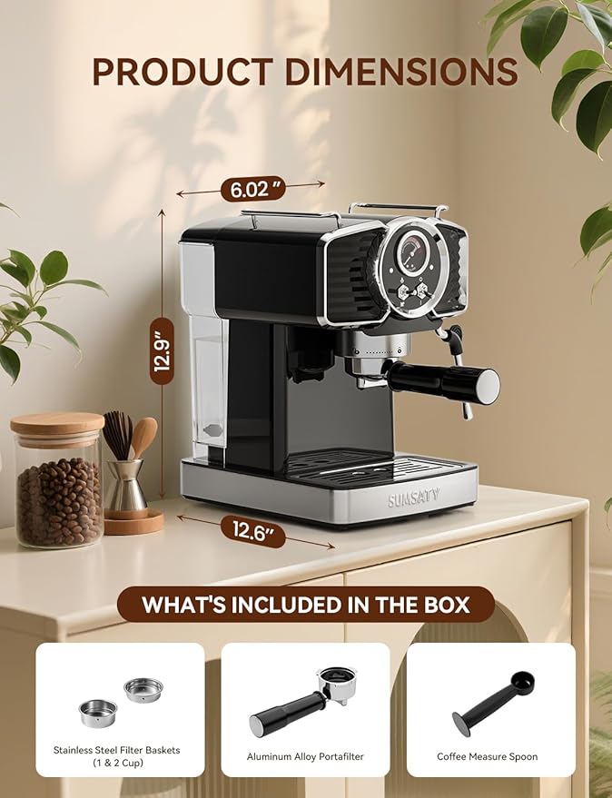 SUMSATY Espresso Machine 20 Bar Espresso Maker with Milk Frother Steam Wand, Professional Expresso Machine for Home Cappuccino & Latte Maker, Retro Coffee Maker with 61oz Water Tank, Black