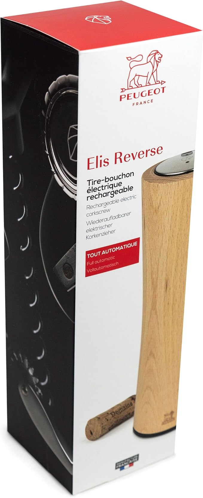 Peugeot - Elis Reverse Electric Corkscrew - Rechargeable Automatic Bottle Opener with Foil Cutter - Wood, Natural, 8-inches