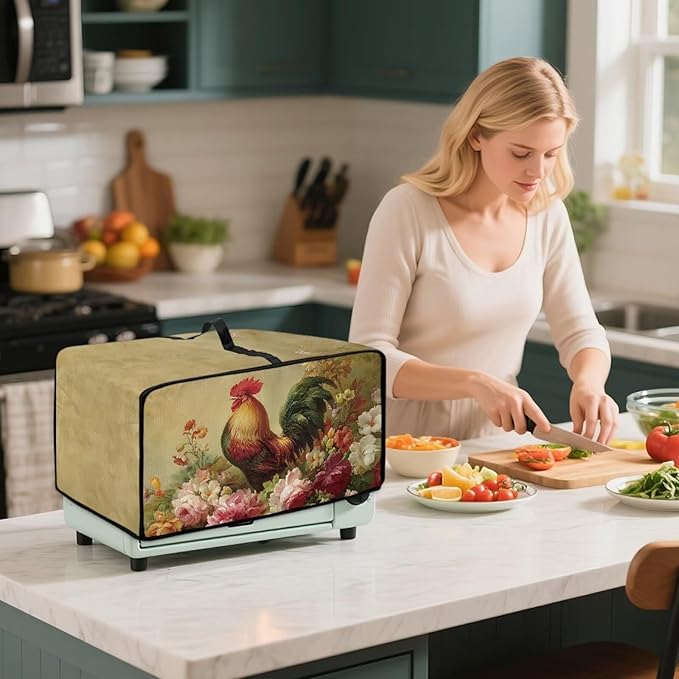 Air Fryer Toaster Oven Dust Cover Dust Protection Countertop Convection Oven Cover Stain-resistant Kitchen Appliance Protector, S, Chicken Rooster Vintage Floral